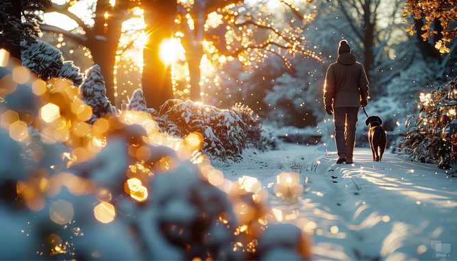 En person och en hund som går på en snöig stig, omgiven av snötäckta träd, med solnedgången i bakgrunden som skapar ett varmt sken.