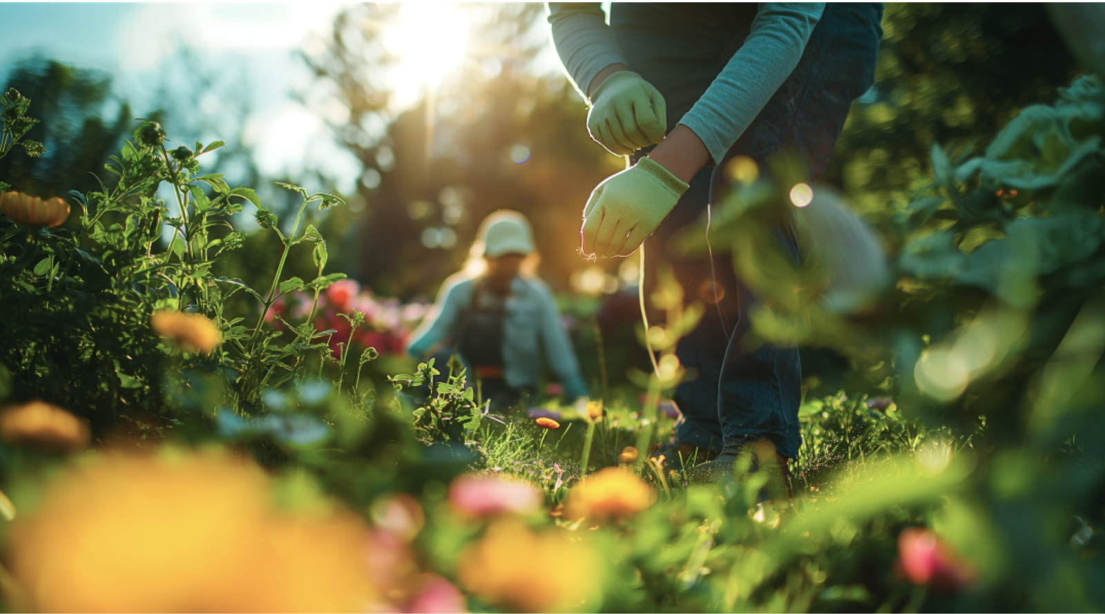 Two people gardening in a sunlit flower garden, focusing on planting and tending to colorful blooms.