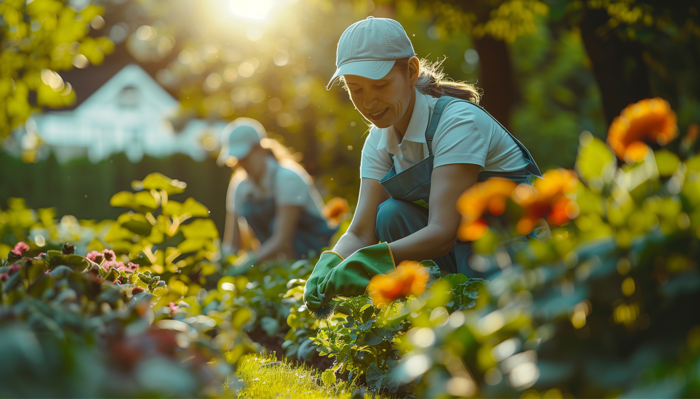 En kvinna i keps och förkläde brukar blomma i en solig trädgård, med en annan person som arbetar i bakgrunden.