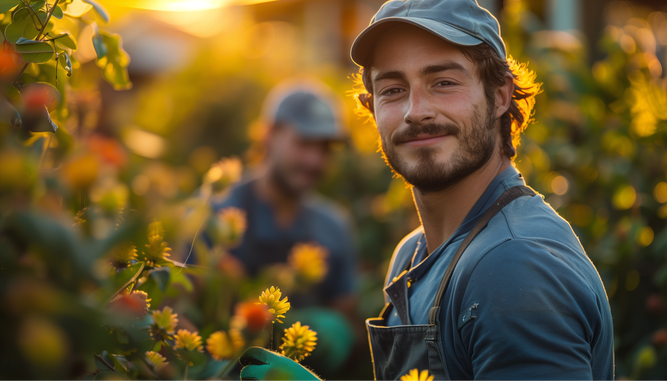 Ein lächelnder Bauer in Overall und Mütze, umgeben von sonnenbeschienenen Blumen, im Hintergrund eine weitere Person bei der Arbeit.