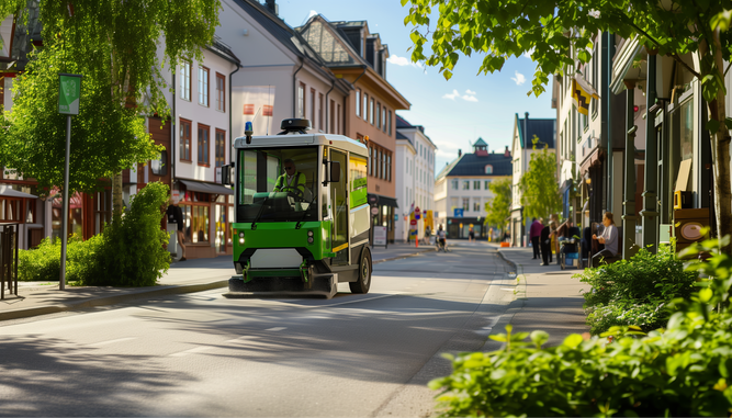 Ein kleiner grüner Bus fährt eine sonnige Stadtstraße entlang, die von farbenfrohen Gebäuden und üppigem Grün gesäumt ist. Im Hintergrund laufen Fußgänger unter einem klaren blauen Himmel.