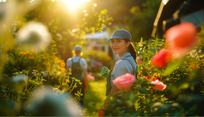 Lächelnde Frau mit blauer Mütze bei der Gartenarbeit in einem sonnigen Blumengarten, im Hintergrund verschwommene Arbeiter.