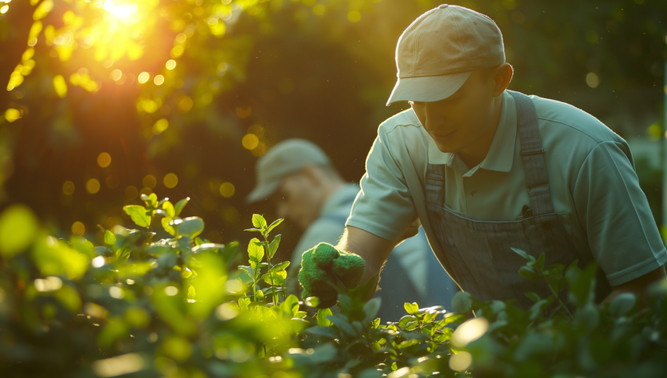 A gardener in overalls tending to plants in a field with sunlight filtering through trees in the background.