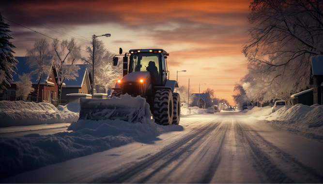 A tractor plows snow on a residential street at dusk, with streetlights glowing and a vibrant sunset in the background.