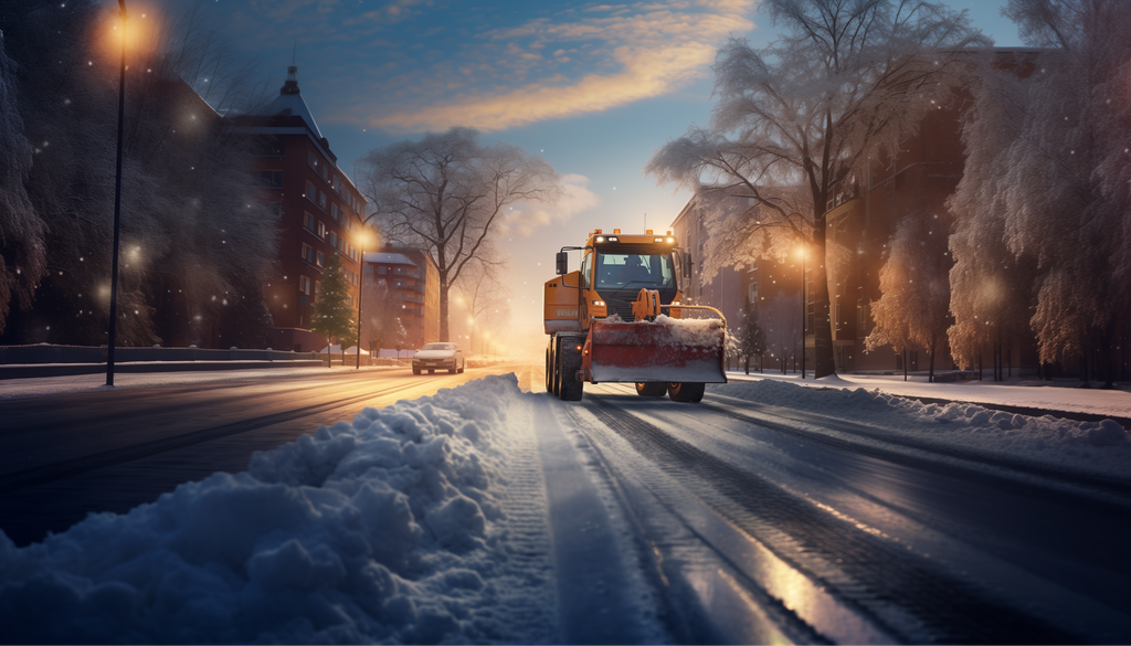 A snowplow clearing a snow-covered road at night in a city setting, with illuminated street lamps and trees.