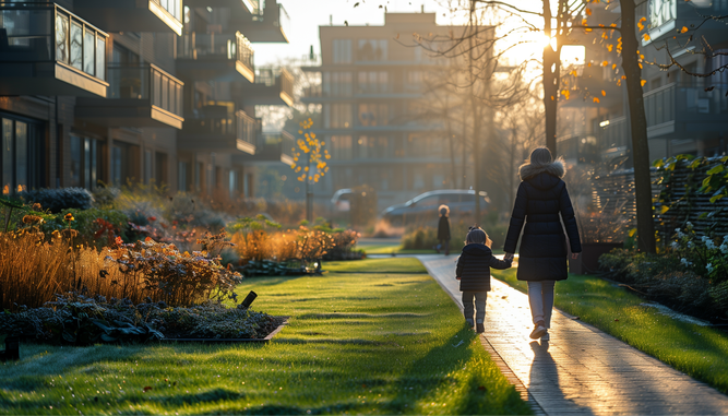 Eine Frau und ein kleines Kind gehen einen sonnenbeschienenen Weg entlang, der von üppigem Grün und modernen Wohnhäusern umgeben ist.