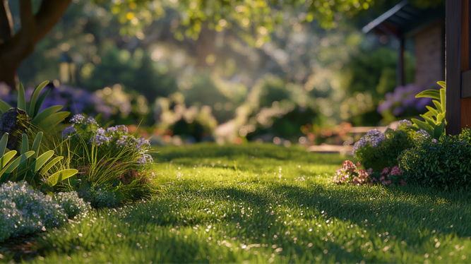 Frodig trädgårdsgång med livfulla blommor och grönt gräs, solbelyst av fläckigt ljus som filtrerar genom träden.