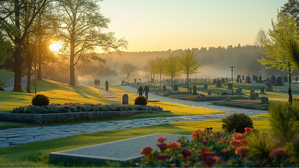 Sonnenaufgang über einem ruhigen Friedhof mit Menschen, die auf einem Weg spazieren, beleuchtet vom warmen Sonnenlicht und umgeben von üppigem Grün und blühenden Blumen.